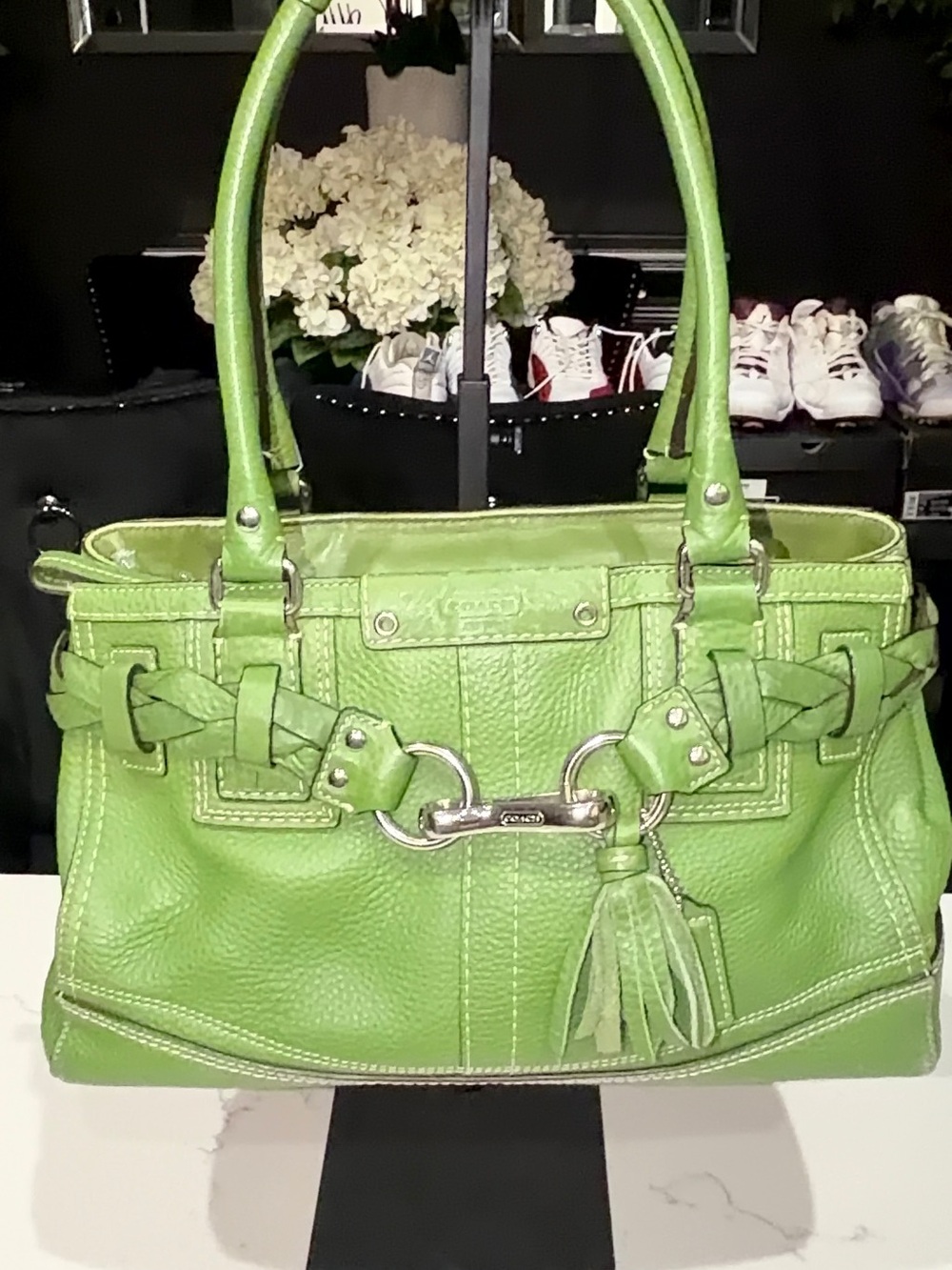Vintage Coach Lime Green Leather Tote Bag with Braided Detail